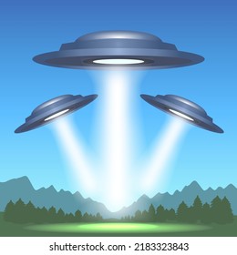 ufos flying saucers aliens science fiction landscape movies art vector illustration