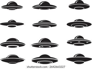 Ícones de OVNIs definidos. Extraterrestres, Discos Voadores, Espaço, Ilustração Vetorial Extraterrestre Sobre Fundo Branco	