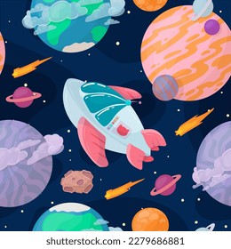 UFOs, spaceships, rockets. Solar system, intergalactic travel. Galaxies, planets, asteroids, comets, shooting stars. Vector illustration in cartoon style on a white background.