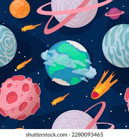 UFOs, spaceships, rockets. Solar system, intergalactic travel. Galaxies, planets, asteroids, comets, shooting stars. Vector illustration in cartoon style on a white background.