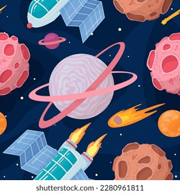 UFOs, spaceships, rockets. Solar system, intergalactic travel. Galaxies, planets, asteroids, comets, shooting stars. Vector illustration in cartoon style on a white background.