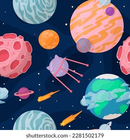 UFOs, spaceships, rockets. Solar system, intergalactic travel. Galaxies, planets, asteroids, comets, shooting stars. Vector illustration in cartoon style on a white background.