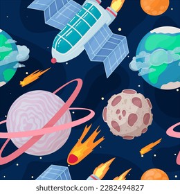 UFOs, spaceships, rockets. Solar system, intergalactic travel. Galaxies, planets, asteroids, comets, shooting stars. Vector illustration in cartoon style on a white background.