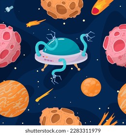 UFOs, spaceships, rockets. Solar system, intergalactic travel. Galaxies, planets, asteroids, comets, shooting stars. Vector illustration in cartoon style on a white background.