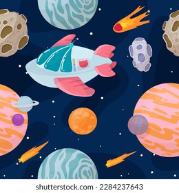 UFOs, spaceships, rockets. Solar system, intergalactic travel. Galaxies, planets, asteroids, comets, shooting stars. Vector illustration in cartoon style on a white background.