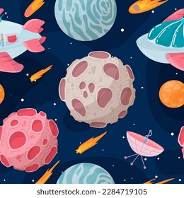 UFOs, spaceships, rockets. Solar system, intergalactic travel. Galaxies, planets, asteroids, comets, shooting stars. Vector illustration in cartoon style on a white background.