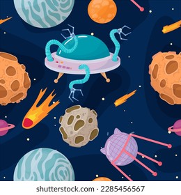 UFOs, spaceships, rockets. Solar system, intergalactic travel. Galaxies, planets, asteroids, comets, shooting stars. Vector illustration in cartoon style on a white background.