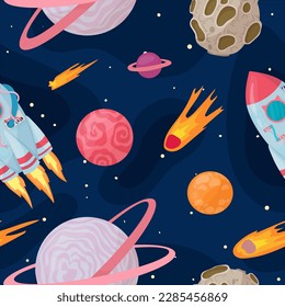 UFOs, spaceships, rockets. Solar system, intergalactic travel. Galaxies, planets, asteroids, comets, shooting stars. Vector illustration in cartoon style on a white background.