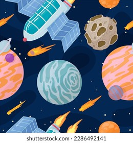 UFOs, spaceships, rockets. Solar system, intergalactic travel. Galaxies, planets, asteroids, comets, shooting stars. Vector illustration in cartoon style on a white background.