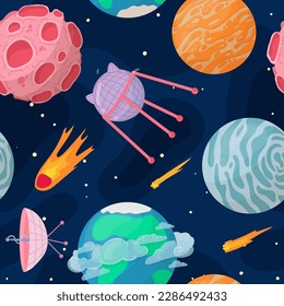 UFOs, spaceships, rockets. Solar system, intergalactic travel. Galaxies, planets, asteroids, comets, shooting stars. Vector illustration in cartoon style on a white background.