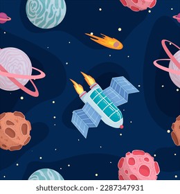 UFOs, spaceships, rockets. Solar system, intergalactic travel. Galaxies, planets, asteroids, comets, shooting stars. Vector illustration in cartoon style on a white background.