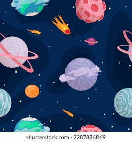 UFOs, spaceships, rockets. Solar system, intergalactic travel. Galaxies, planets, asteroids, comets, shooting stars. Vector illustration in cartoon style on a white background.