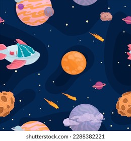 UFOs, spaceships, rockets. Solar system, intergalactic travel. Galaxies, planets, asteroids, comets, shooting stars. Vector illustration in cartoon style on a white background.