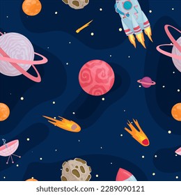 UFOs, spaceships, rockets. Solar system, intergalactic travel. Galaxies, planets, asteroids, comets, shooting stars. Vector illustration in cartoon style on a white background.