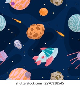 UFOs, spaceships, rockets. Solar system, intergalactic travel. Galaxies, planets, asteroids, comets, shooting stars. Vector illustration in cartoon style on a white background.