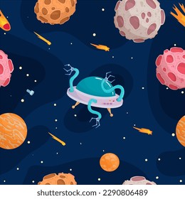 UFOs, spaceships, rockets. Solar system, intergalactic travel. Galaxies, planets, asteroids, comets, shooting stars. Vector illustration in cartoon style on a white background.