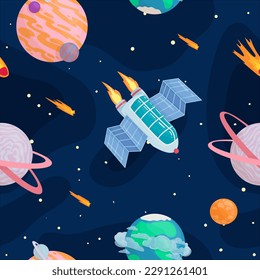 UFOs, spaceships, rockets. Solar system, intergalactic travel. Galaxies, planets, asteroids, comets, shooting stars. Vector illustration in cartoon style on a white background.