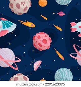 UFOs, spaceships, rockets. Solar system, intergalactic travel. Galaxies, planets, asteroids, comets, shooting stars. Vector illustration in cartoon style on a white background.