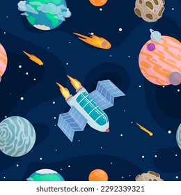 UFOs, spaceships, rockets. Solar system, intergalactic travel. Galaxies, planets, asteroids, comets, shooting stars. Vector illustration in cartoon style on a white background.