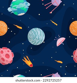 UFOs, spaceships, rockets. Solar system, intergalactic travel. Galaxies, planets, asteroids, comets, shooting stars. Vector illustration in cartoon style on a white background.