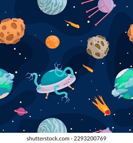 UFOs, spaceships, rockets. Solar system, intergalactic travel. Galaxies, planets, asteroids, comets, shooting stars. Vector illustration in cartoon style on a white background.