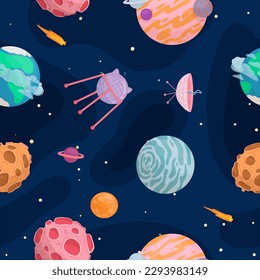 UFOs, spaceships, rockets. Solar system, intergalactic travel. Galaxies, planets, asteroids, comets, shooting stars. Vector illustration in cartoon style on a white background.