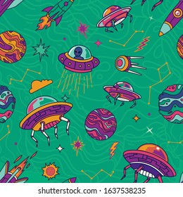 UFO/Unidentified Flying in Galaxy Seamless Pattern. Background Wallpaper