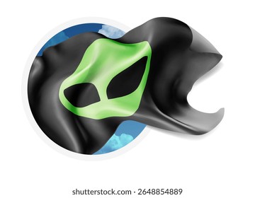 UFO,vector 3d flag against a blue sky, through a round hole on a white background