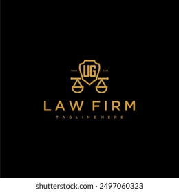 Monograma inicial de UG para el logotipo del bufete de abogados con escalas y escudo de Imagen de lujo