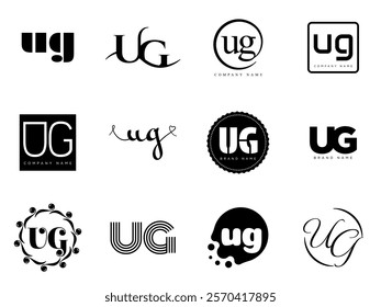 UG logo company template. Letter u and g logotype. Set different classic serif lettering and modern bold text with design elements. Initial font typography. Collection trendy business identity.