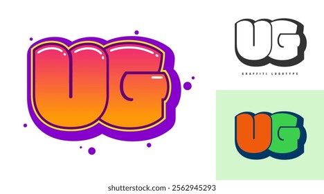 UG logo design for festival or party. Initial letter u and g in graffiti style. Creative modern lettering company name of font typography. Kids trendy logotype or identity. Vector illustration.