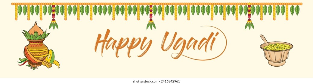 diseño de banner ugadi con ilustración vectorial de la olla