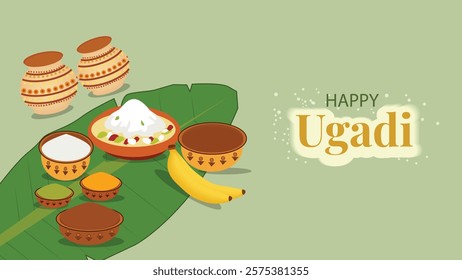 Ugadi celebration scene with a traditional setup, featuring a leaf with bowls of various ingredients like jaggery, tamarind, and spices, along with a portion of Ugadi pachadi (a dish made with the ing