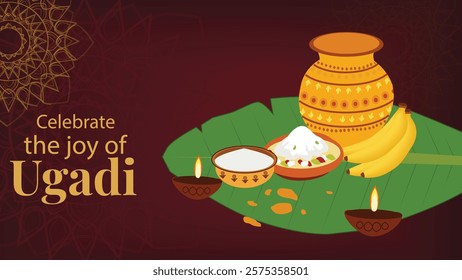 Ugadi celebration with a traditional arrangement of banana leaves, an earthen pot, bowls of Ugadi pachadi (a mix of raw mango, jaggery, and other ingredients symbolizing different emotions), and oil l