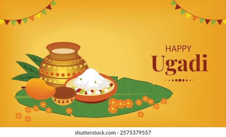 Ugadi celebration with a traditional display of a decorated earthen pot, mango leaves, and a bowl of sweets, accompanied by the festive text 'Happy Ugadi.'