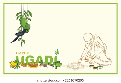 ugadi festival indian woman making rangoli vector