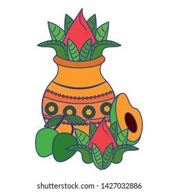 Ugadi festival offering flowers pot with mangos and avocado cartoons vector illustration graphic design