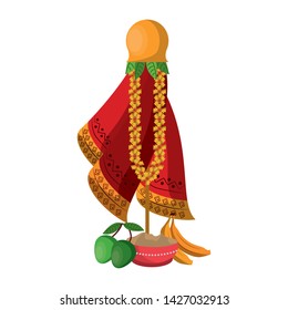 Ugadi festival offering flowers pot with bananas and mangos cartoons vector illustration graphic design