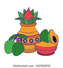 Ugadi festival offering flowers pot with avocado and mangos cartoons vector illustration graphic design