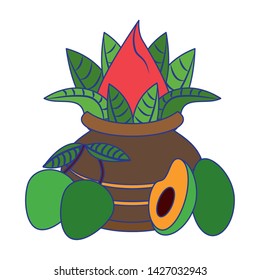 Ugadi festival offering flowers pot with avocado and mangos cartoons vector illustration graphic design