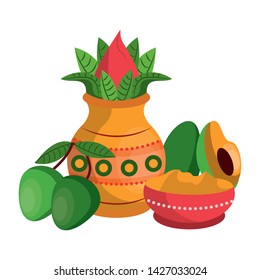 Ugadi festival offering flowers pot with avocado and mangos cartoons vector illustration graphic design