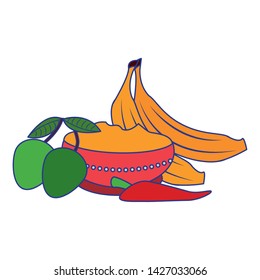 Ugadi festival offering flowers pot with bananas mango and chilli cartoons vector illustration graphic design