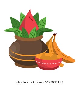 Ugadi festival offering flowers pot bananas and powder cartoons vector illustration graphic design