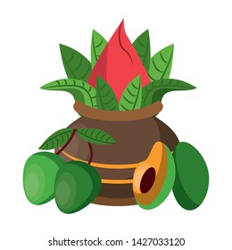 Ugadi festival offering flowers pot with avocado and mangos cartoons vector illustration graphic design