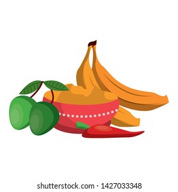 Ugadi festival offering flowers pot with bananas mango and chilli cartoons vector illustration graphic design