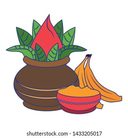 Ugadi festival offering flowers pot bananas and powder cartoons vector illustration graphic design