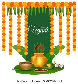 A Ugadi greeting with a green backdrop a decorated pot fruits and traditional dishes arranged on a large leaf It is framed by marigold flower strings and has Happy Ugadi written on it