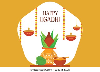 Ugadi, Gudi Padwa, poster greetings 2021, Andhra Pradesh, Telengana,  Karnataka, indian new year festivals in Spring Equinox, seasons. Ugadi is a spring festival