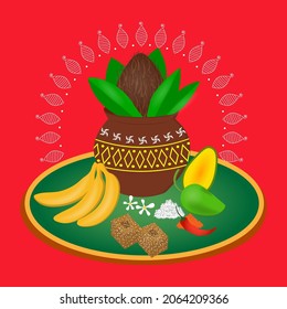 Ugadi happiness header or banner design with worship pot kalash fruits, flowers. Festival background round floral ornament Greeting card with traditional pachadi food with all flavors for the India