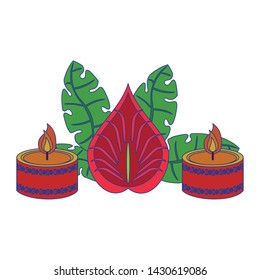 Ugadi indian celebration emblems flowers and candle cartoons vector illustration graphic design